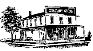black and white sketched image of an old company store