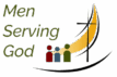 Men Serving God logo with three abstract human figures, a golden crescent, and a cross symbolizing faith and community service