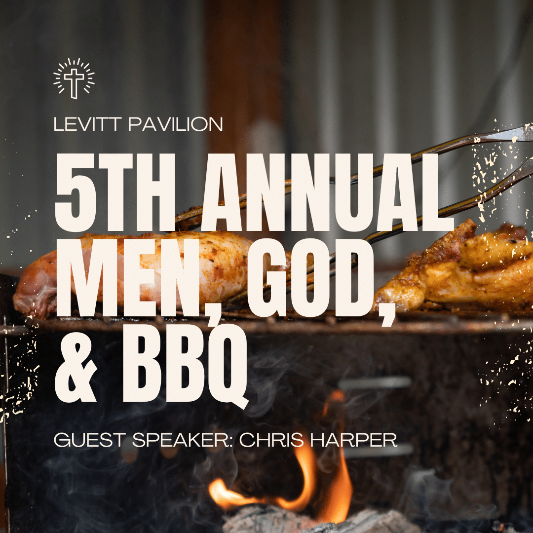 Grilled barbecue chicken with event overlay for the 5th Annual Men, God, & BBQ at Levitt Pavilion