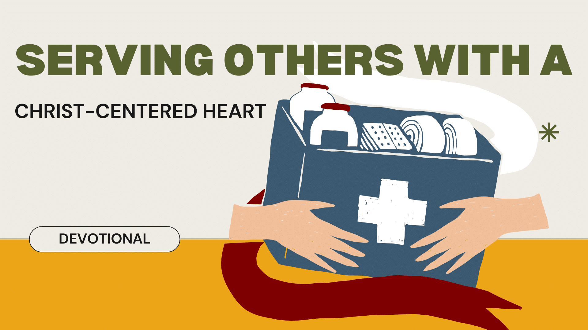 Illustrated hands holding a food donation box with cross symbol and text “Serving Others with a Christ-Centered Heart” for Men Serving God