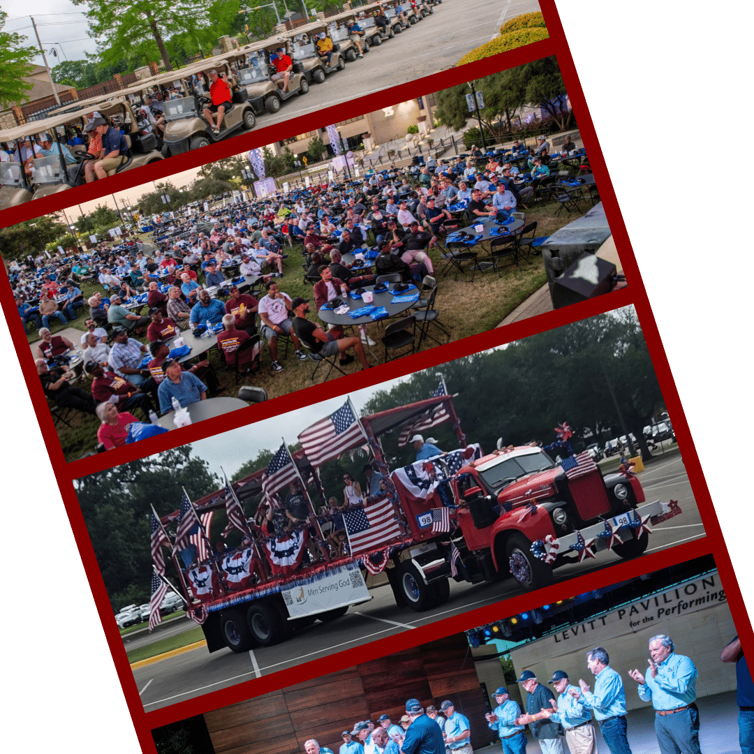 Collage of Men Serving God events featuring a golf cart ride, large outdoor dinner, patriotic float with flags, and group recognition on stage